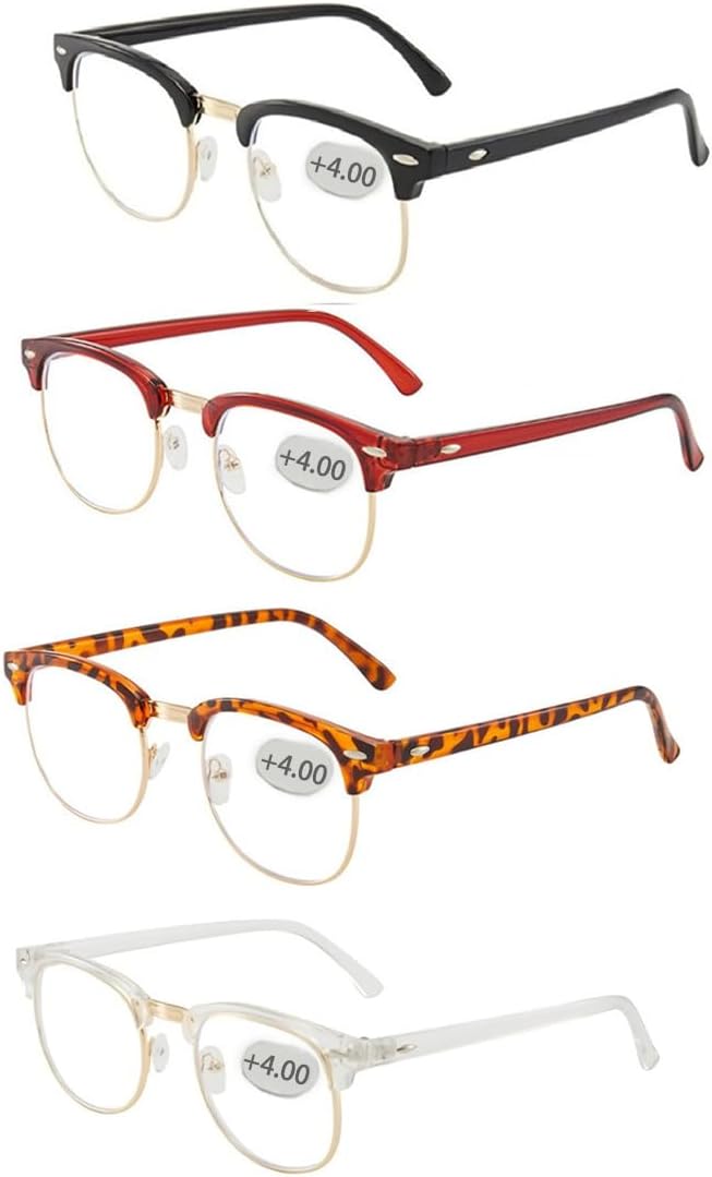 Half frame Retro Semi Rimless Clear Lens Glasses Blue Blocking Eyewear Men Women (4 Pack Reading 4.0 X)