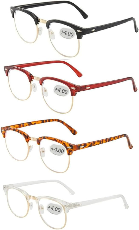 Half frame Retro Semi Rimless Clear Lens Glasses Blue Blocking Eyewear Men Women (4 Pack Reading 4.0 X)