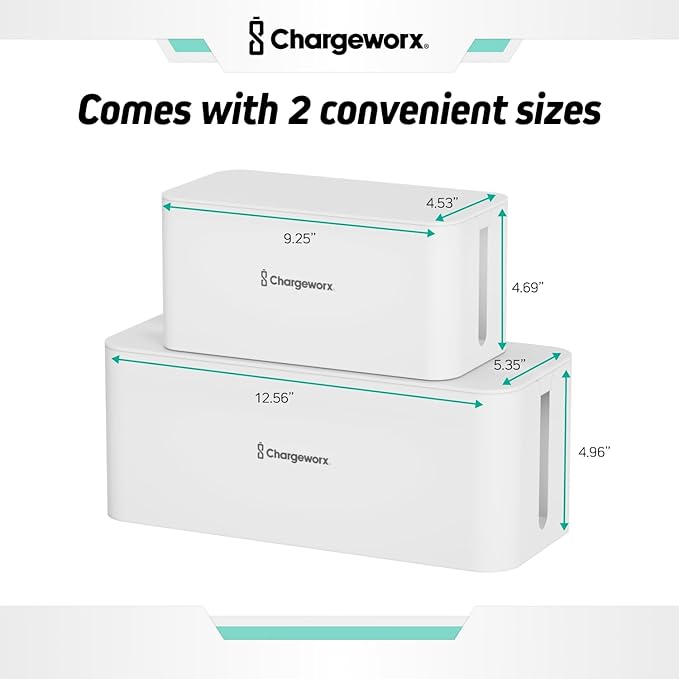 ChargeWorx Cable-Management Box Set, Cord Organizer, Cable Box to Hide Surge Protectors and Power Strips, Desk and Floor Cord Management, Home Office and TV Wire Concealer, White