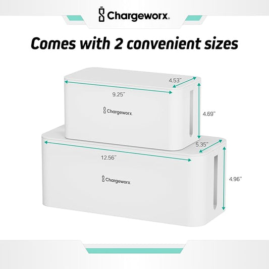 ChargeWorx Cable-Management Box Set, Cord Organizer, Cable Box to Hide Surge Protectors and Power Strips, Desk and Floor Cord Management, Home Office and TV Wire Concealer, White