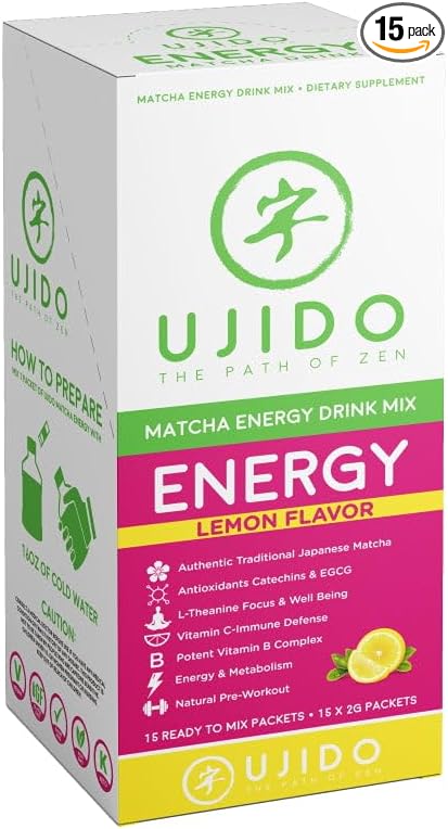 Ujido Matcha Energy Packets, Lemon Flavor, Sugar-Free, Monkfruit, Non-GMO, Antioxidant, Keto & Vegan, 2g x 15 Count