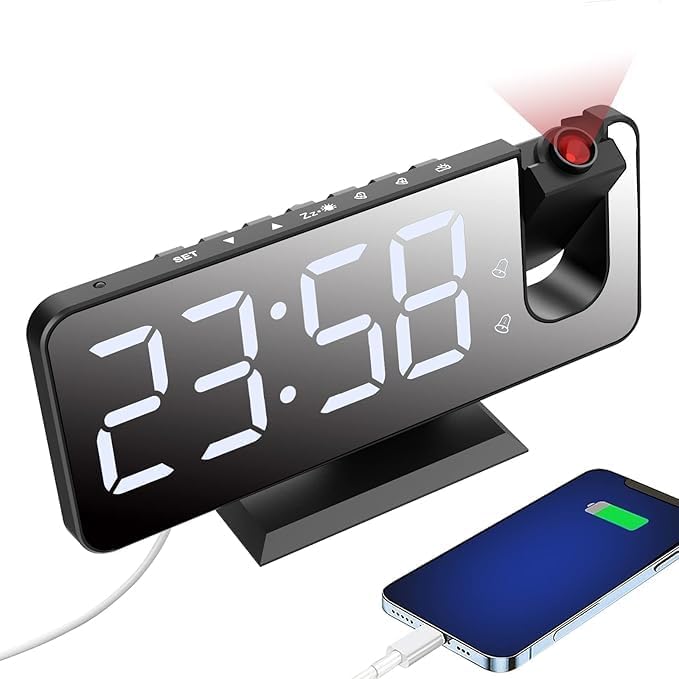 Projection Alarm Clock for Bedroom, Digital Alarm Clock with USB Charger, 7.4" Large LED Mirror Display Alarm Clock, Dual Smart Alarm with Projection on Ceiling, Black(No Temp Display)