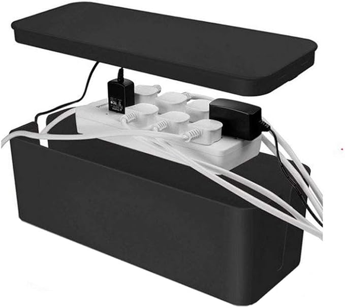 [Set of 3] 3 Cable Management Boxes + 3 Wire Ties, Large Cord Box Organizers to Hold and Hide Power Strip Charger Adapter Power Cord Charging Station USB HUB (Black)