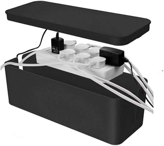 [Set of 3] 3 Cable Management Boxes + 3 Wire Ties, Large Cord Box Organizers to Hold and Hide Power Strip Charger Adapter Power Cord Charging Station USB HUB (Black)