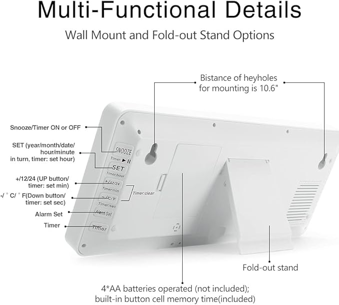 TXL 14.2" Large Digital Day Wall Clock, Custom 8 Languages Calendar, Count up-Down Timer and Temp Reminder, 12/24Hr Desktop Alarm Clock with Extra Large Display for Home Office Studio Hotel, White