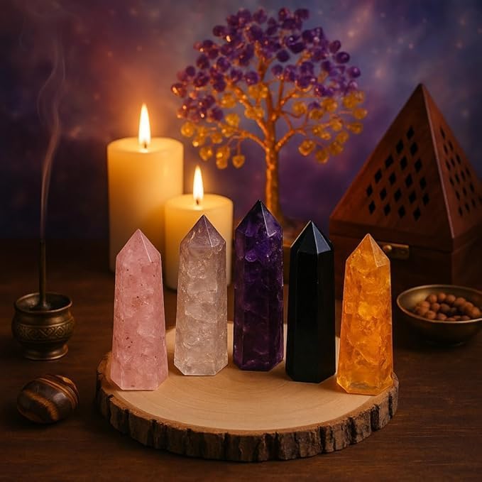 Healing Crystal Wand Set of 6 Orgonite with 3.5” Amethyst, Tigers Eye, Rose Quartz, Black Tourmaline Stone, Citrine Crystal, Clear Quartz, Crystals and Healing Stones Plus Black Tourmaline Necklace