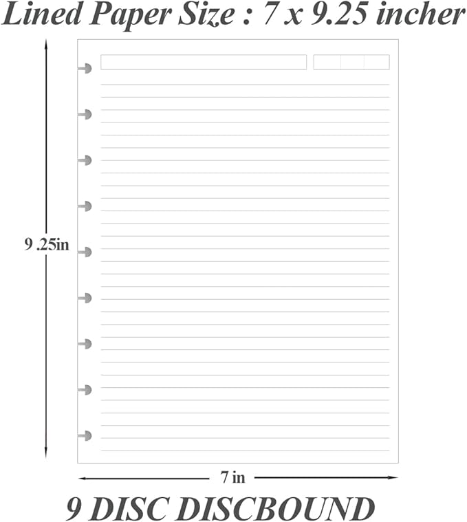 (3-Pack) 9-Disc Discbound Lined Refill Paper, Classic Size Pre-punched Happy Planners Inserts, 300Sheets/600Pages Loose-Leaf Paper, 100gsm White Paper, 7" x 9.25"