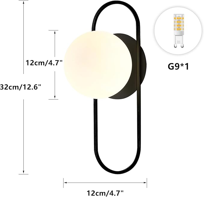 Mid Century Modern Round Wall Sconce 1-Lights Black Globe Wall Sconce Lighting Minimalist Vanity White Glass Bathroom Wall Lamp Farmhouse Bedroom Bar Wall Light