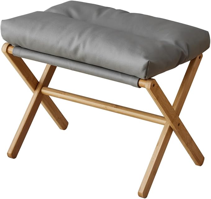 Folding Upholstered Footrest Stool, Small Accent Ottoman with Thick Cotton Cushion & Bamboo X Legs, Modern Padded Sofa Stool for Makeup Bedroom Living Room, Grey