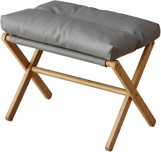 Folding Upholstered Footrest Stool, Small Accent Ottoman with Thick Cotton Cushion & Bamboo X Legs, Modern Padded Sofa Stool for Makeup Bedroom Living Room, Grey