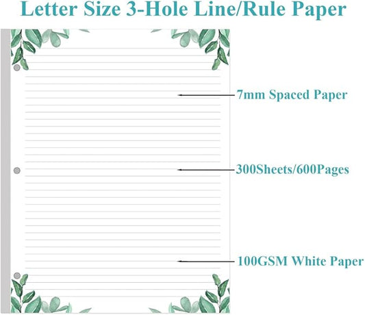 (3-Pack) Letter Size Lined Refill Paper, 3-Hole Punched Ruled Filler Paper, 300Sheets / 600Pages Loose-Leaf Line Paper, 100gsm White Paper, 8.5'' x 11'', Leaf
