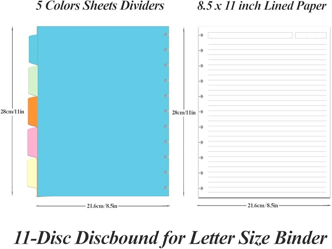 Letter Size Lined Paper, 11 TUL Paper Refills - 50 Sheets/100 Pages Loose Leaf Planner Refills, 5 Sheets Dividers, 8.5" x 11"