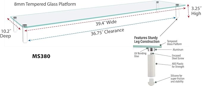 Kantek Extra-Wide Glass Monitor Riser with 8mm Tempered Glass Platform and 60-Pound Capacity, Clear Glass (MS380), 3.3" x 39.4" x 10.2"