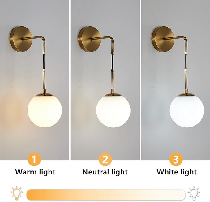BOKT Frosted White Glass Wall Sconce Mid Century Modern Globe Ball Wall Light Brushed Brass Gold Adjustable Wall Sconce Lighting Industrial Vanity Bathroom Wall Lamp (Gold+White)
