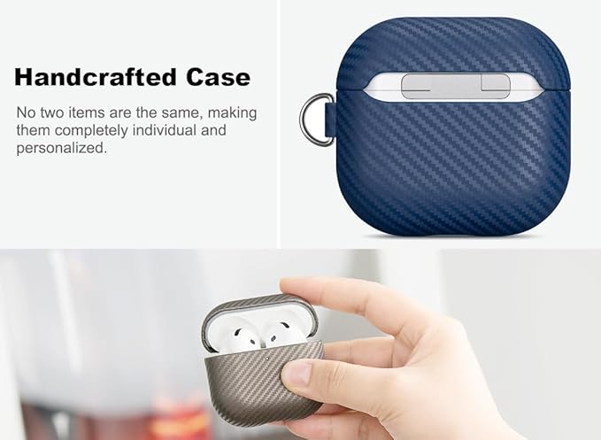 Leather Case for AirPods 4 / AirPods 4 with Active Noise Cancellation Case Cover with Keychain - Selected Skin-Friendly Leather, Carbon Fibre Texture, Handmade Shockproof Hard Cover - Blue