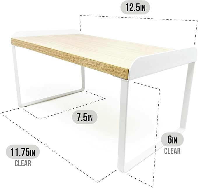 Mitus Shelf Organizer and Storage, Tiered Wood Cabinet Rack for The Kitchen Counter, Bathroom Counter, Pantry Cupboard, Office Desk Bookshelf, 12" Wide Natural and White