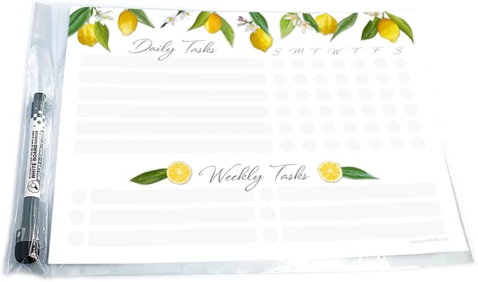 Dry Erase Whiteboard Task Planner | Removable and Restickable Adhesive Decal | Fine-Tip Magnetic Marker Included (9 x 12 inches, Lemon)
