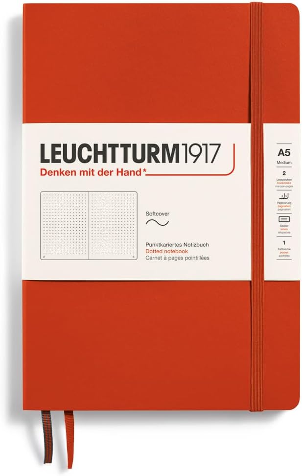LEUCHTTURM1917 - Notebook Softcover Medium A5-123 Numbered Pages for Writing and Journaling (Fox Red, Dotted)