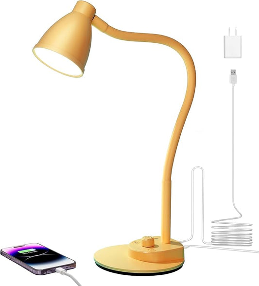 BOHON LED Desk Lamp with USB Charging Port, 3 Color Modes Fully Dimmable Reading Lamp, Auto Dimming Task Lamp, Flexible Gooseneck Table Light for Home Office Dorm Bedside, Bright Yellow