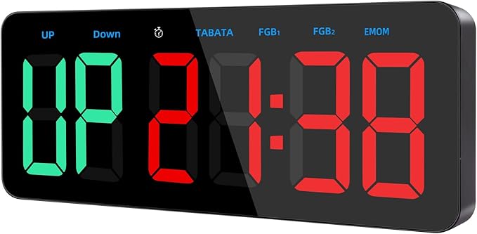 PELLOR Gym Timer Clock, Interval Timer with Function Mode Display, USB Plug-in Countdown/UP Stopwatch Adjustable Brightness with Controller, 3'' Large Digits Digital Wall Clock for Home Gym Room