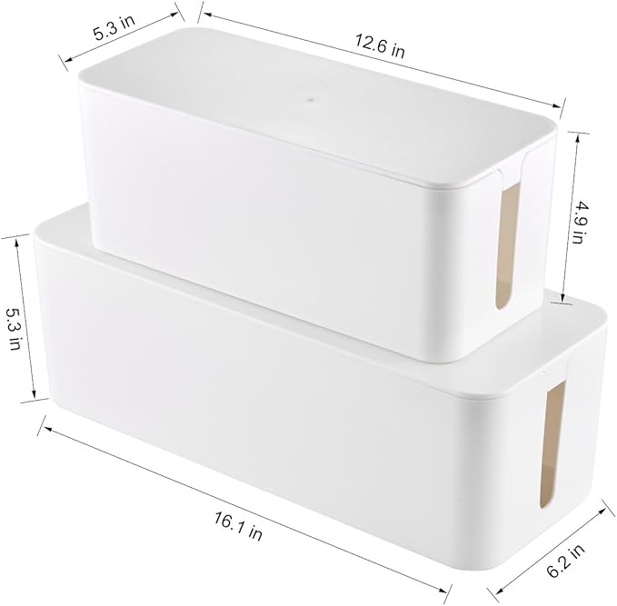 Cable Management Box, 2 Pack Large & Medium Cable Organizer Box with 17 PCS Cable Management Set, Cord Organizer Box to Hide Surge Protector on Desk or Floor (White)