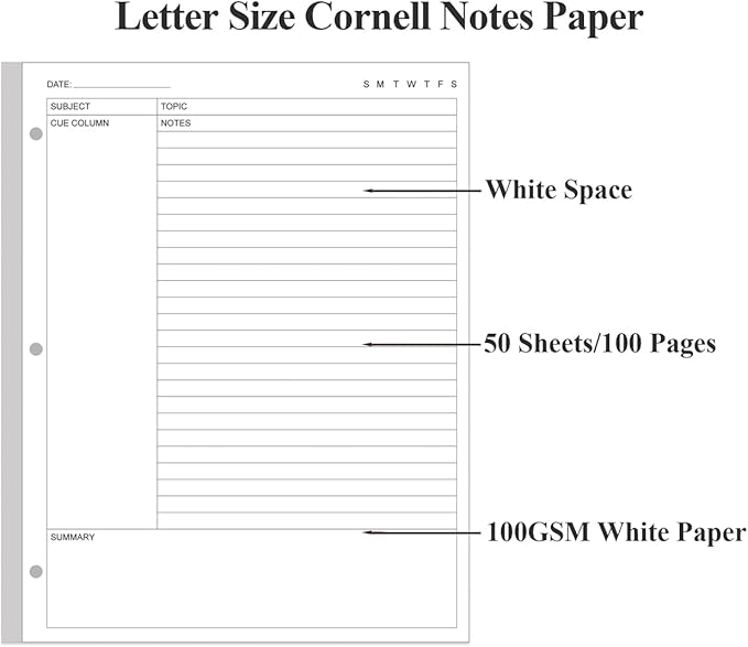 A4 Cornell Notes Filler Paper - 3 Hole Cornell Notes Loose Leaf Paper, 50Sheets / 100Pages, 100gsm, White, 8.5'' x 11''