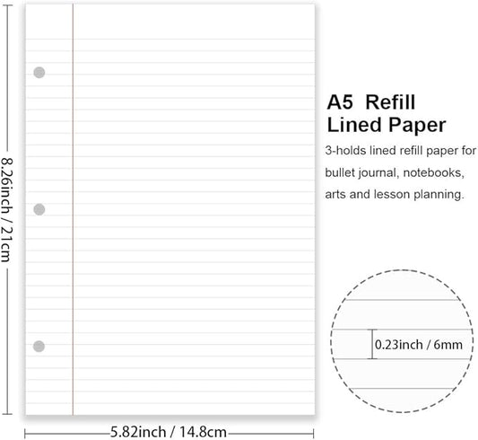 A5 Filler Paper, 3 Hole Planner Refills, Organizer, Loose-leaf Binder Paper, 100 Sheets/200 Pages, Lined, 100gsm, White, 5.8 x 8.2 Inch, 3 Hole Filler Paper, Mini Binder Refill Inserts