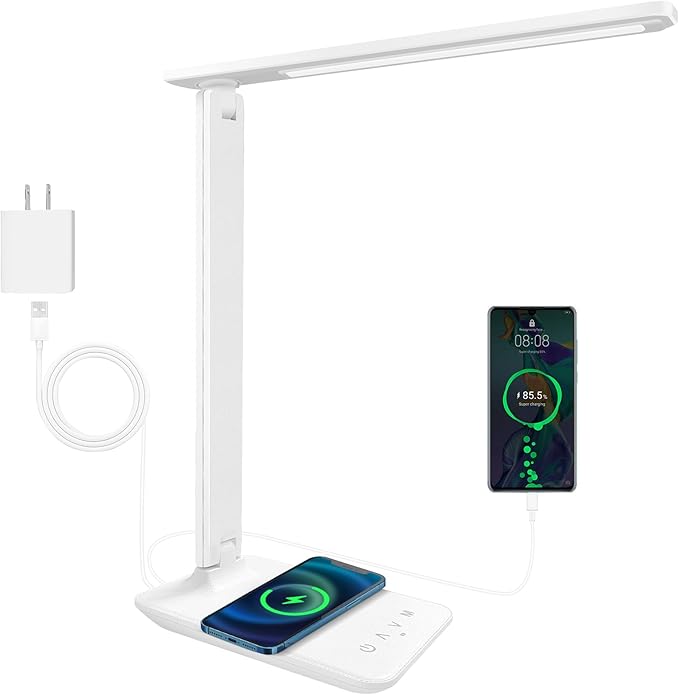 LED Desk Lamp Dimmable Table Lamp with USB Charging Port, 5 Lighting Modes, Sensitive Control, Foldable Portable Desk Light for Home Office Bedroom Reading (White-Pro, Standard Size - 13.3 inch)