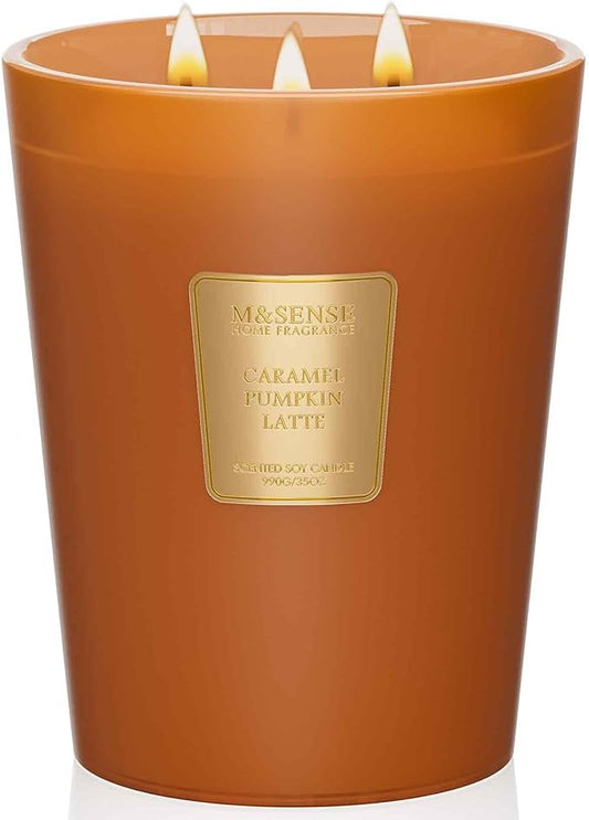 M&SENSE Large Candles Caramel Pumpkin Latte Scented, 3 Wick Natural Soy Candles for Home Scented, 150H Long Lasting Slow Burn Jar Candle 35oz, No Toxic Aromatherapy Candle for Stress Relief