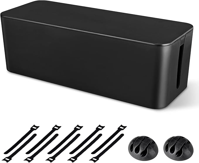 Cable Management Box, Large Cord Organizer Box to Hide Power Strip & Under Desk,TV Computer Wires Cable Organizer Hider Box with Cable Clips&Reusable Cable Ties for Home/Office(Black)