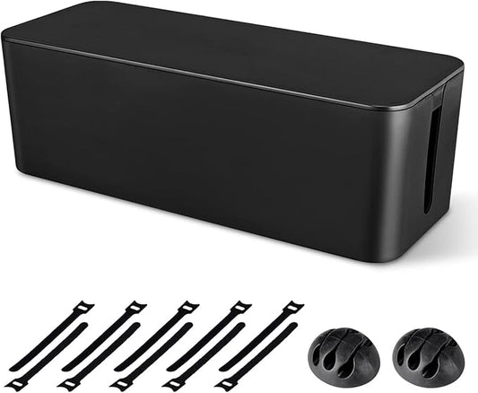 Cable Management Box, Large Cord Organizer Box to Hide Power Strip & Under Desk,TV Computer Wires Cable Organizer Hider Box with Cable Clips&Reusable Cable Ties for Home/Office(Black)