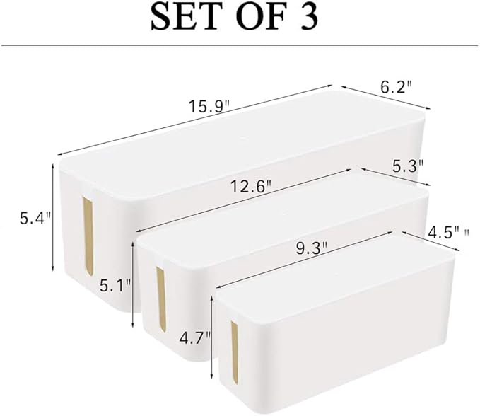 [Set of 3] 3 Cable Management Boxes + 3 Wire Ties, Large Cord Box Organizers to Hold and Hide Power Strip Charger Adapter Power Cord Charging Station USB HUB (White)