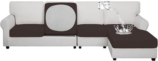 Easy-Going 100% Waterproof 4 Pieces Couch Cushion Covers for Sectional Sofa Left/Right L Shape Chaise Lounge Sofa Seat slipcover Anti-Slip Sofa Cover (3 Seater + 1 Chaise, Chocolate