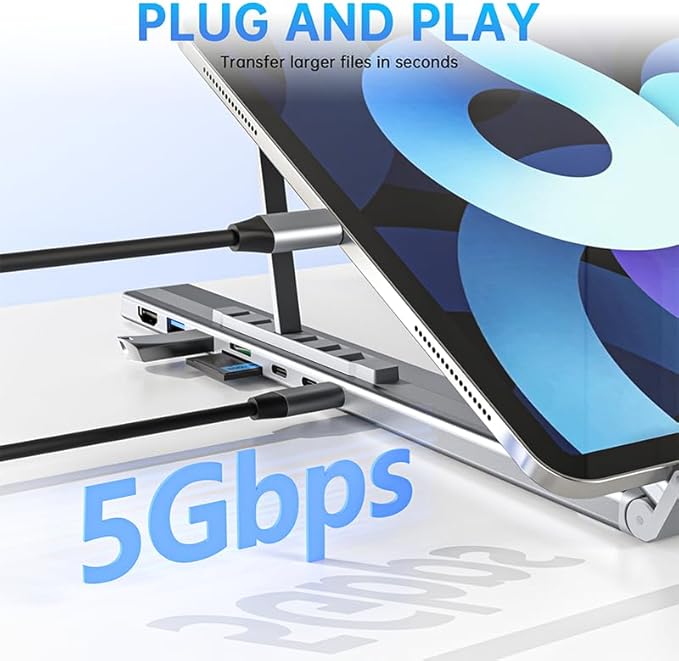 2025 8-in-1 USB-C Laptop Stand, Laptop Docking Station Stand,Adjustable Ergonomic Aluminum, with 4k Hdmi, 2 USB 3.0, Pd 100w, Heat Dissipation, Foldable for Home Office, Café, Travel (5 in 1)
