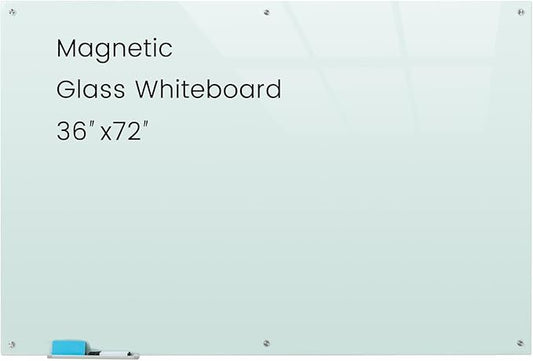 Glass Magnetic White Board - 72 x36 Inches Dry Erase Whiteboard for Wall, Frameless Wrting Board for Display, Large Wall Mounted Glass Board for School, Office and Home