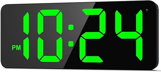 LED Digital Wall Clock with Large Display, Big Digits, Auto-Brightness, 12/24Hr Format, Modern Electric Small Silent Wall Clock for Living Room, Bedroom, Classroom, Farmhouse, Kitchen, Office - Green