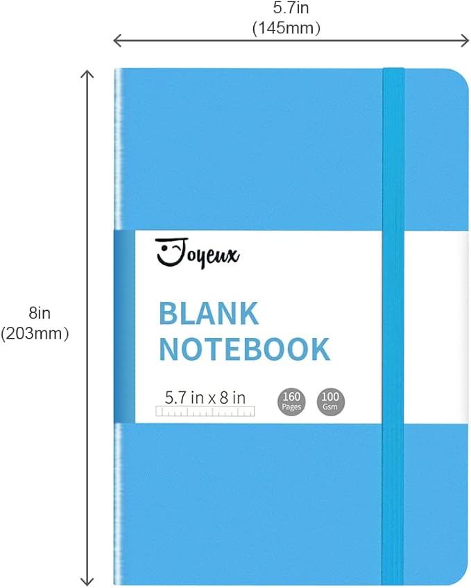 JOYEUX Blank Journal Notebook, A5, 160 Pages 100 Gsm Thick Sketch Books Hardcover Journal for Writing, 5.7 inches x 8 inches Notebooks for Work (Sky Blue)