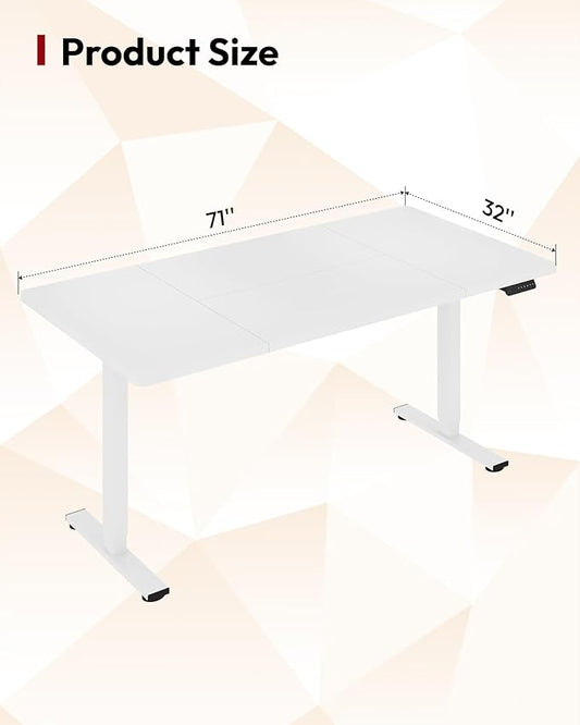 SANODESK Electric Standing Desk 71 x 32 Inches Height Adjustable Stand Up w/6-Button Controller Ergonomic Computer Desk with Splice Board for Home Office, White Frame + White Tabletop
