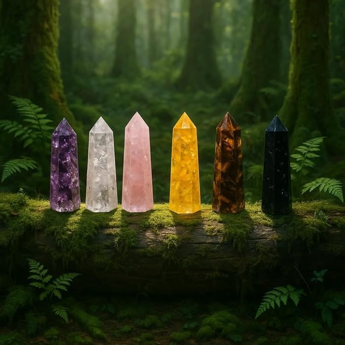 Healing Crystal Wand Set of 6 Orgonite with 3.5” Amethyst, Tigers Eye, Rose Quartz, Black Tourmaline Stone, Citrine Crystal, Clear Quartz, Crystals and Healing Stones Plus Black Tourmaline Necklace
