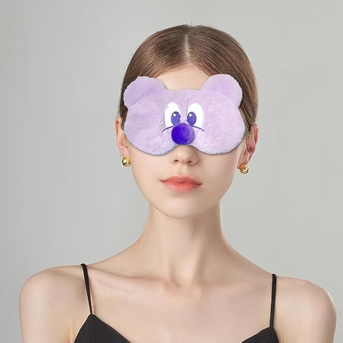 PERFECTSIGHT Mouse Sleep Eye Masks, Cute Plush Sleep Eye Cover Lightweight Adjustable Eyeshade Faux Fur Mask Cover for Women Men Kids Sleep Travel Nap, Big Eye Girl, Purple Nose