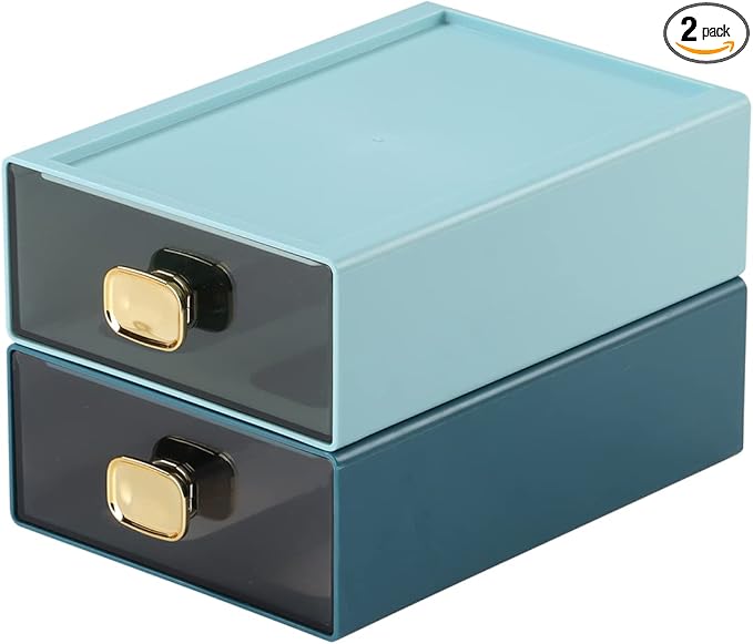Spacious Desk Drawers, Stackable Desktop Organizer, Plastic Storage Box for Office, School & Home Supplies (2 Middle Drawers, BU & CYAN)
