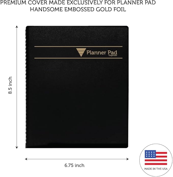 Planner Pad Spiral Bound 3-Tier Funnel Down 12 Month Organizer, October 2025 – September 2026, Black Cover/Black Ink, 6 3/4" x 8 1/2"