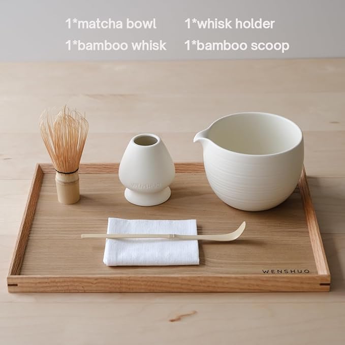 WENSHUO Matcha Whisk Set, Ceramic Matcha Bowl & Whisk Holder, Bamboo Accessory, Modern Design (Matte Crème, Pouring Spout)