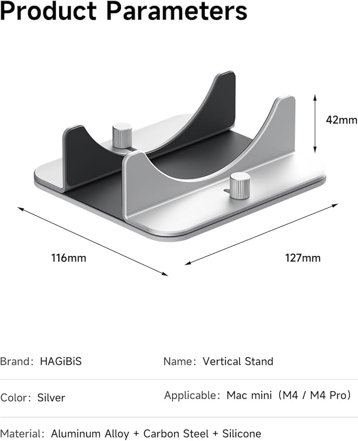 Hagibis Vertical Stand for Mac Mini M4, Aluminum Alloy Laptop Stand Anti-Slip Computer Holder Desktop Stand Compatible with M4 Chip Mac Mini Pro