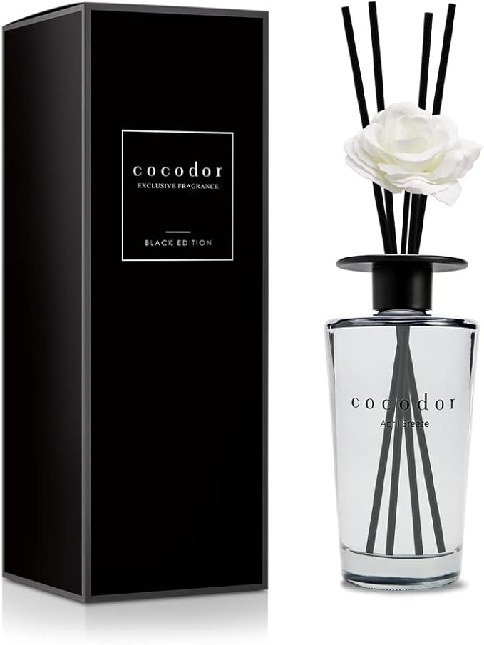COCODOR White Flower Reed Diffuser / April Breeze / 1 Pack / Home & Office Decor Aromatherapy Diffuser Oil Gift Set / Large Size, Large Capacity, Big Size Diffuser, Black Edition/16.9Ounce(500 ml)