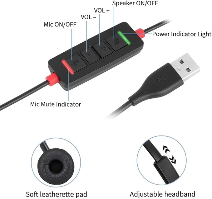 USB Headset with Mic for PC Computer Laptop Headphones with Noise Cancelling Microphone in-line Control for Home Office Online Class Skype Zoom