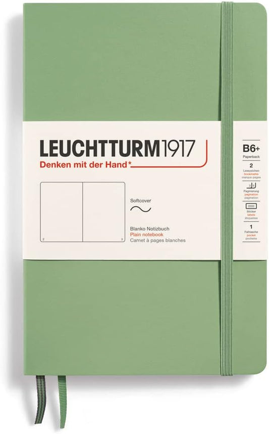 LEUCHTTURM1917 - Notebook Softcover Paperback B6+ - 123 Numbered Pages for Writing and Journaling (Plain, Sage)