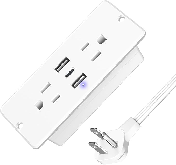 HHSOET 5 in 1 Recessed Power Strip Flat Plug, 20W Fast Charging Furniture Outlet with USB, Conference Recessed Socket with 2 AC Plugs, 2 USB Ports 1 USB-C, 10ft Power Cord. (White)