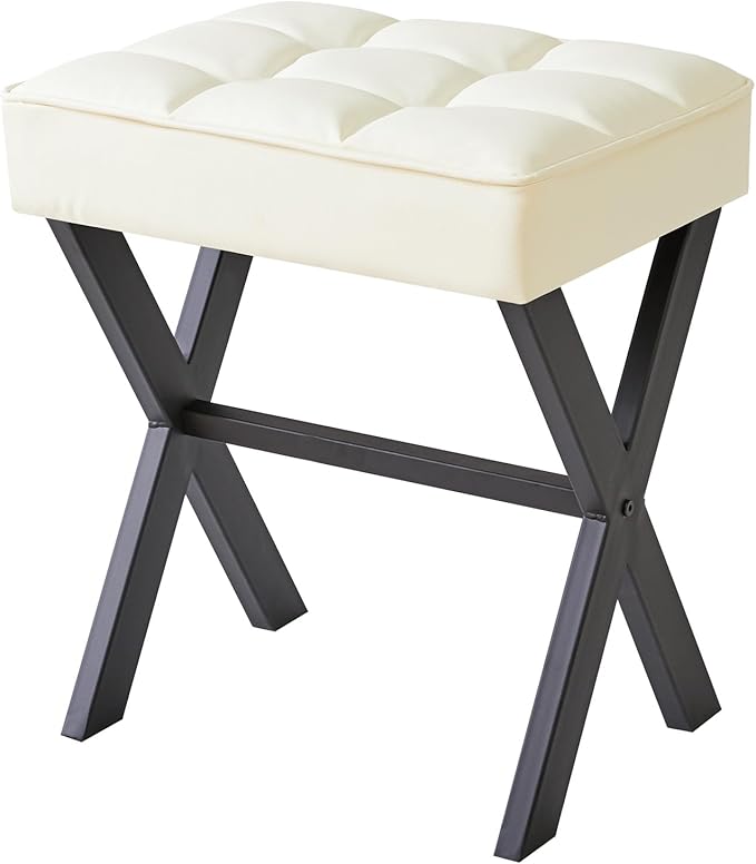 IBUYKE Square Makeup Stool with X-Leg Foot Rest, PU Footrest, Ottoman Seat Vanity Stool, Multi-Use as Small Side Table, for Bedroom, Living Room, White LG-71W