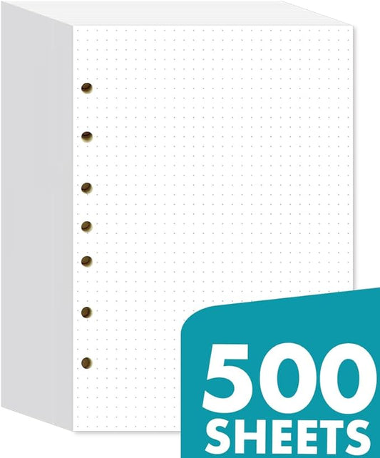 Dotted Filler Paper Pack of 500 Sheets 5.5”x8.5" for 3-Ring & 7-Ring Mini Binders, 7 Hole Punched